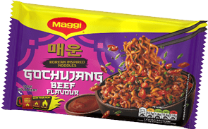 A package of Korean inspired Gochujang beef flavored noodles with an image of cooked noodles in a bowl garnished with chili peppers and green herbs. Description generated by AI