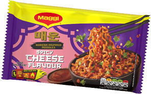 A package of Korean inspired spicy cheese flavored noodles with an image of cooked noodles in a bowl topped with herbs and sauce. Description generated by AI