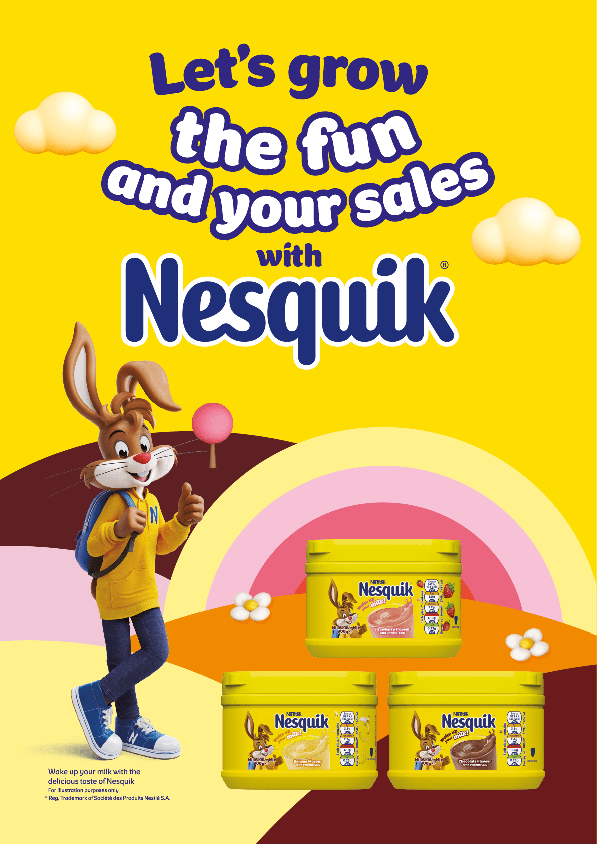 A colorful advertisement features the Nesquik mascot holding a lollipop with three containers of Nesquik products below and the text encouraging to grow fun and sales with Nesquik on a bright yellow background. Description generated by AI