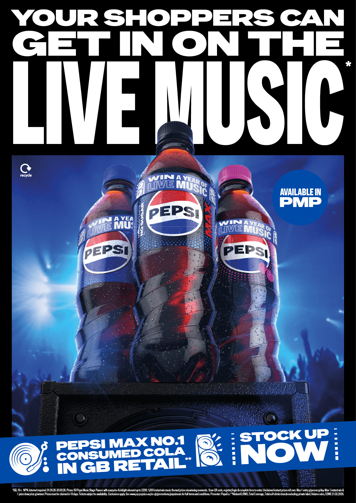 Three Pepsi Max bottles are displayed on a speaker with a concert crowd and stage lights in the background, promoting a live music offer available in PMP and urging retailers to stock up now. Description generated by AI