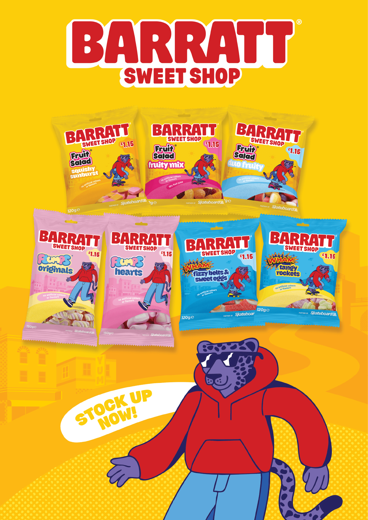 A colorful advertisement for Barratt Sweet Shop features various candy packages with a cartoon leopard wearing sunglasses and a red hoodie holding a sign that says “Stock up now!" against a yellow background. Description generated by AI