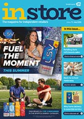 A magazine cover features smiling adults outdoors on a sports field with energy drink cans and a large energy drink can held by a smiling adult in a festive nighttime setting, alongside headlines about retail and home delivery services. Description generated by AI