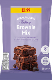 A purple package of Local Living Baking Brownie Mix with an image of stacked chocolate brownies dripping with melted chocolate and text indicating it makes nine brownies and requires one egg, water, and oil. Description generated by AI