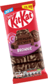 A red KitKat Brownie chocolate bar wrapper with an image of a chocolate brownie piece and the price £1.50 displayed on the top right corner. Description generated by AI