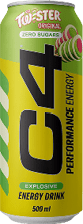 A green and yellow can labeled Twister Original zero sugars explosive performance energy drink with a stylized swirl graphic and 500 ml volume. Description generated by AI