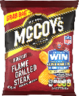 A bag of McCoy's Ridge Cut Flame Grilled Steak flavored potato crisps with a promotional offer to win a trip to the Super Bowl and cash prizes. Description generated by AI