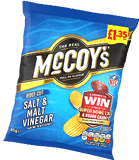 A blue bag of McCoy's ridge cut salt and malt vinegar flavored potato crisps with a promotional offer for a chance to win a trip to the Super Bowl. Description generated by AI