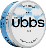 A round white and blue container labeled “ bps" with "Ice Cold" and "Nicotine Pouches" written on it, indicating a 6mg nicotine strength. Description generated by AI