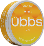 A round yellow-orange tin labeled “ bbs" containing mango-flavored nicotine pouches with 6mg strength. Description generated by AI