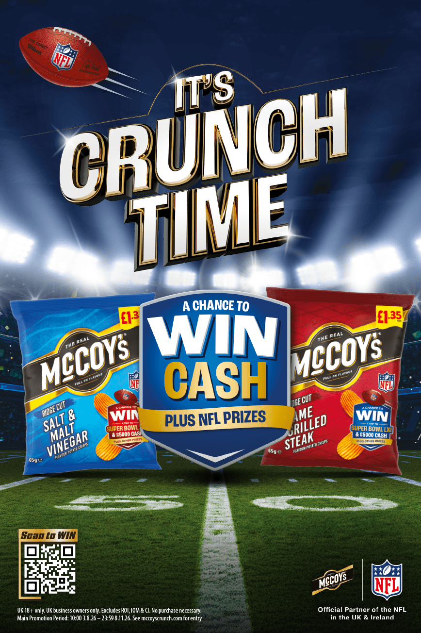 A football-themed advertisement shows two bags of McCoy's crisps with a football flying above and a central message offering a chance to win cash and NFL prizes on a stadium field background. Description generated by AI
