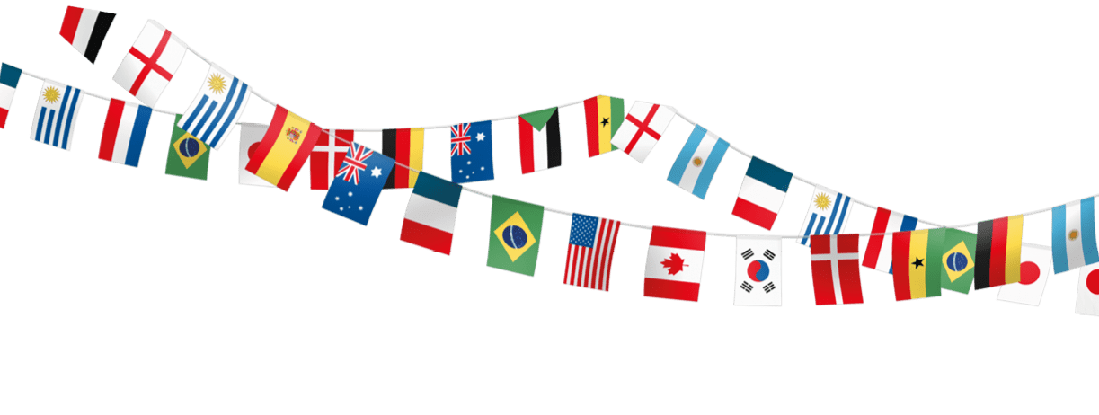 A row of flags from different countries. Description generated by AI