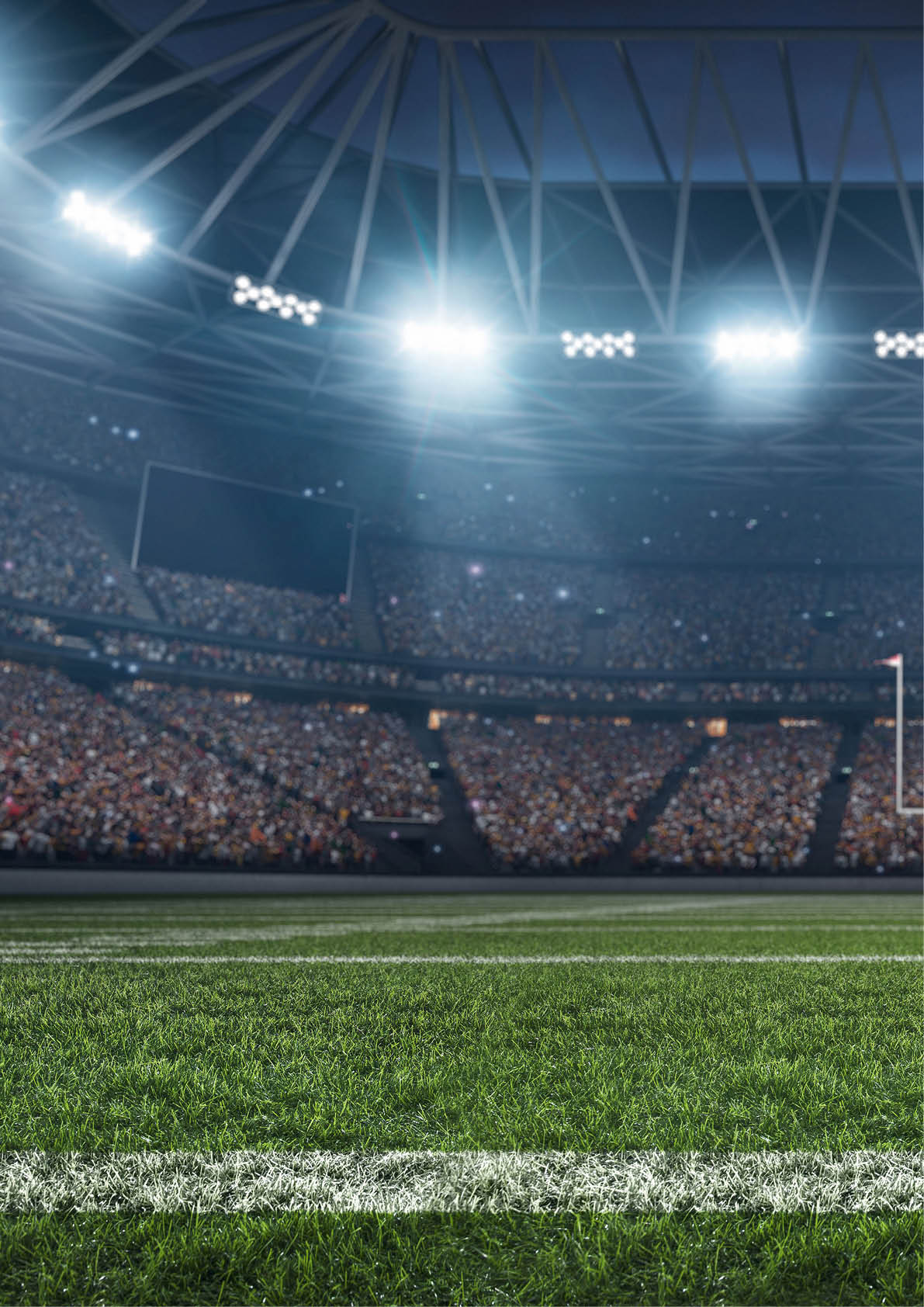 A brightly lit football stadium filled with a large crowd and a clear view of the goalposts on the field. Description generated by AI