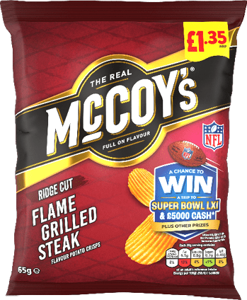 A red bag of McCoy's Ridge Cut Flame Grilled Steak flavored potato crisps with a promotional offer to win a trip to the Super Bowl and cash prizes. Description generated by AI