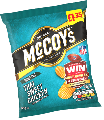 A bag of McCoy's Thai Sweet Chicken flavored ridge cut potato crisps with a promotional offer to win a trip to the Super Bowl and cash prizes. Description generated by AI