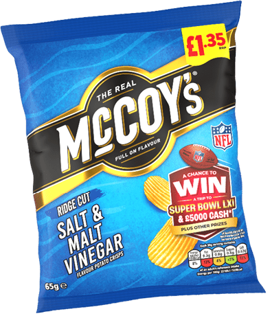 A blue bag of McCoy's Ridge Cut Salt & Malt Vinegar flavored potato crisps with a promotional NFL Super Bowl contest and a price tag of £1.35. Description generated by AI