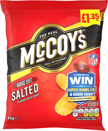 A red bag of McCoy's Ridge Cut Salted flavour potato crisps with a promotional offer to win a trip to the Super Bowl and cash prizes. Description generated by AI