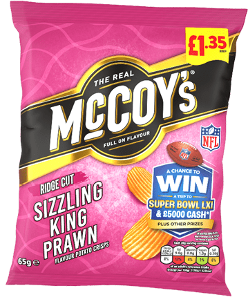 A pink bag of McCoy's Ridge Cut Sizzling King Prawn flavored potato crisps with a promotional offer to win a trip to the Super Bowl and cash prizes. Description generated by AI