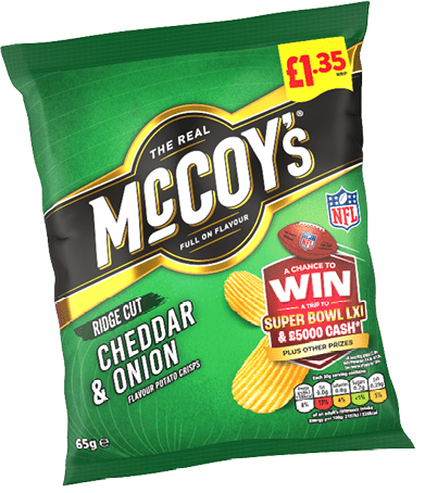A green bag of McCoy's ridge cut cheddar and onion flavored potato crisps with a promotional offer to win a trip to the Super Bowl and cash prizes. Description generated by AI