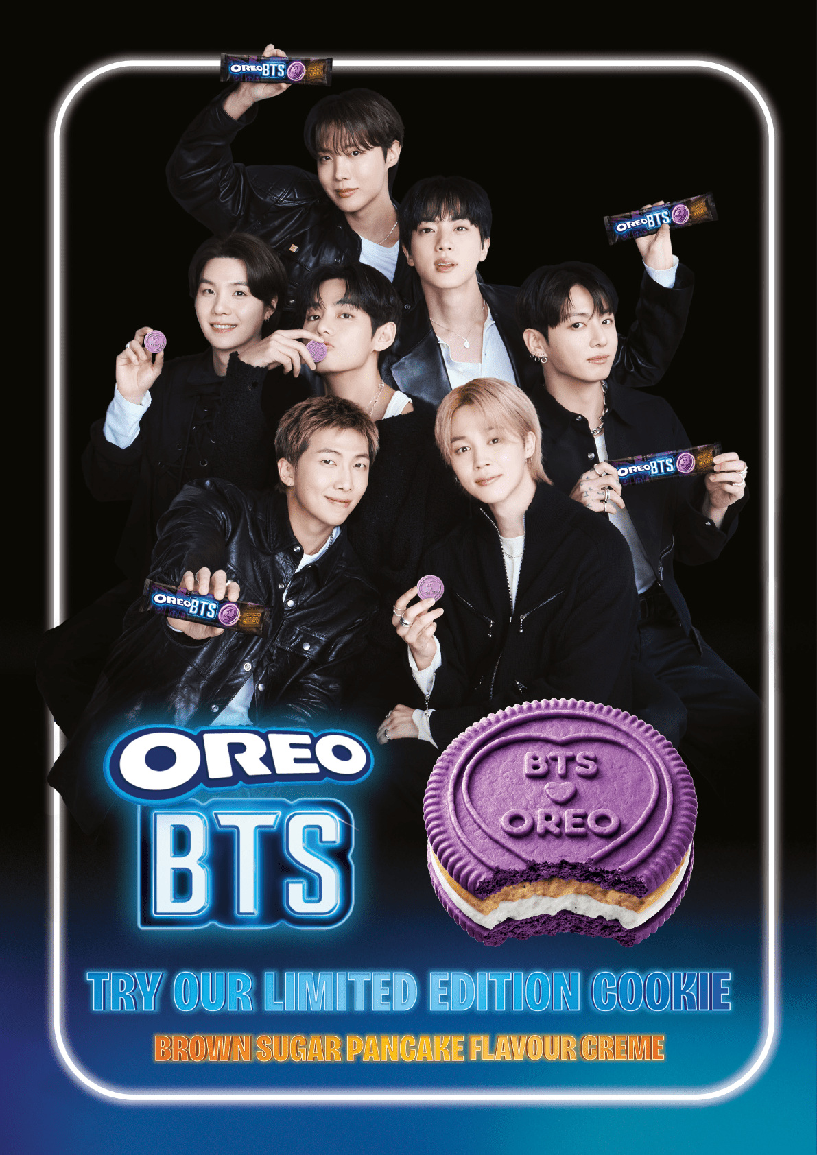 Seven adults dressed in dark clothing pose holding purple Oreo cookie packages with a glowing frame and text promoting a limited edition brown sugar pancake flavor Oreo cookie. Description generated by AI