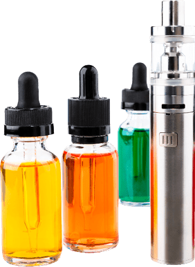 A silver vape pen is surrounded by five small dropper bottles filled with colorful liquids in yellow, orange, green, blue, and red. Description generated by AI
