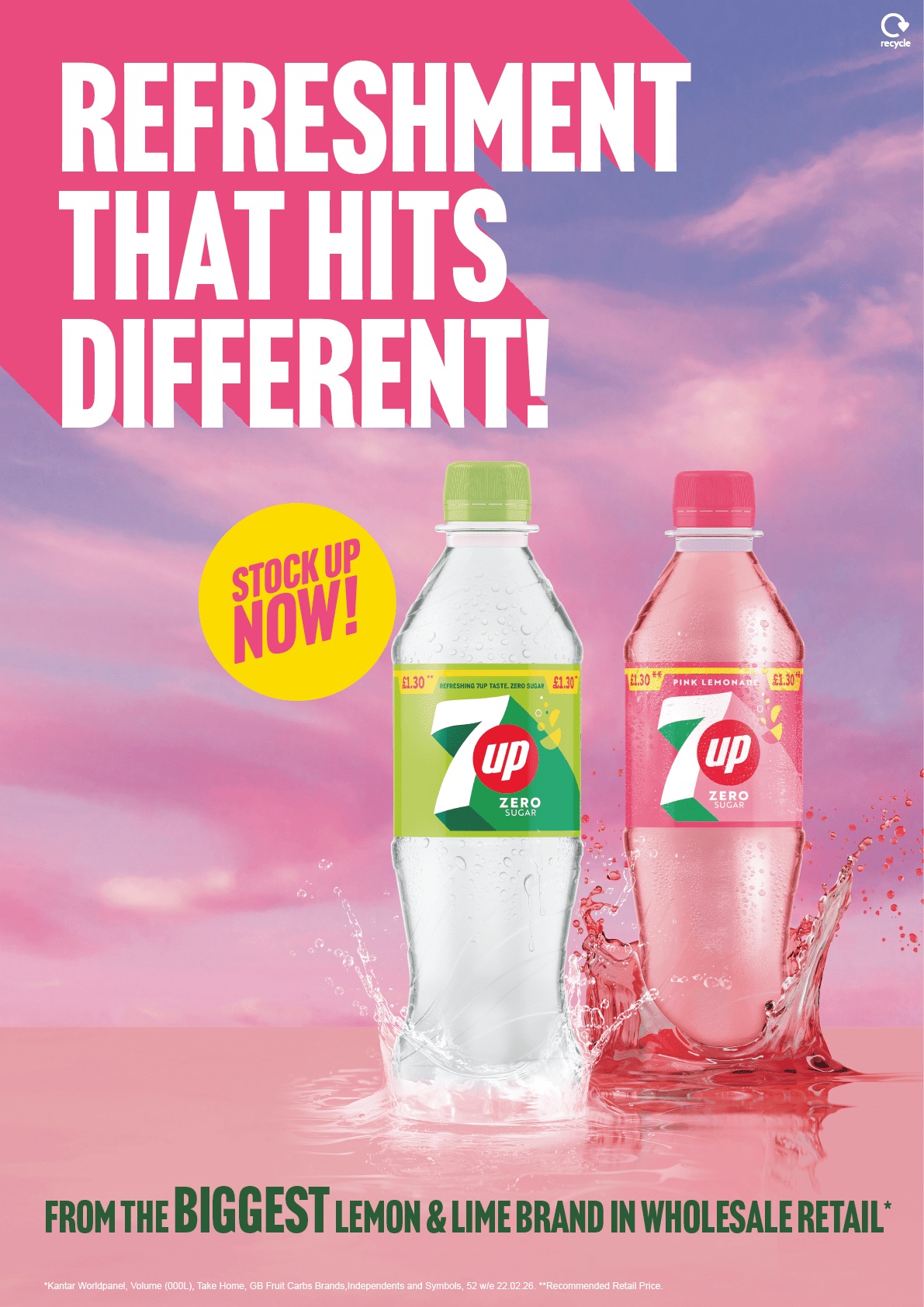Two bottles of 7up Zero, one lemon-lime and one pink lemonade flavor, are shown with splashes of liquid against a pink and purple sky background with bold text promoting refreshment and stocking up now. Description generated by AI