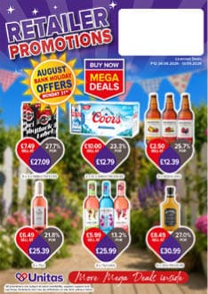 Retailer promotions flyer featuring August bank holiday offers on various alcoholic beverages including beer, cider, and spirits with prices and discounts highlighted against a colorful outdoor background. Description generated by AI