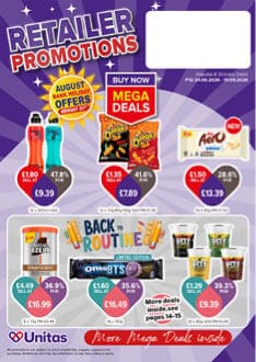 Retailer promotions flyer featuring discounted prices on beverages, snacks, and confectionery with colorful product images and bold text highlighting mega deals and bank holiday offers. Description generated by AI