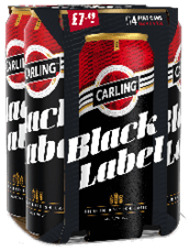A four-pack of Carling Black Label premium British lager pint cans with a black and red design and a price label on the packaging. Description generated by AI