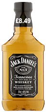 A bottle of Jack Daniel's Tennessee Sour Mash Whiskey with a price tag of £8.49 on the neck. Description generated by AI