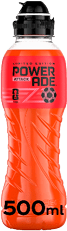 A 500ml limited edition Powerade sports drink bottle in bright orange with a black cap and a soccer ball graphic on the label. Description generated by AI