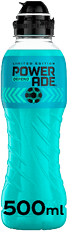 A turquoise 500ml bottle of limited edition Powerade Defend sports drink with a black cap and a geometric pattern on the label. Description generated by AI