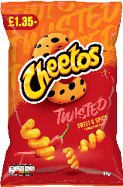 A bright orange and red bag of Cheetos Twisted Sweet & Spicy flavored corn puffs with an image of twisted puffs and chili peppers on the front. Description generated by AI