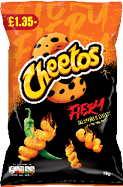 A bag of Cheetos Fiery Jalape o & Cheese flavored corn puffs with an orange and black design and a price label. Description generated by AI