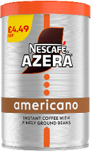 A silver canister with an orange lid labeled Nescaf Azera Americano instant coffee with finely ground beans and a price tag of £4.49.  Description generated by AI