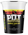 A black and yellow pot noodle cup labeled Bombay Bad Boy flavor with a red chili pepper graphic and text indicating it can be ready in 4 minutes. Description generated by AI