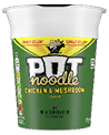 A green and yellow cup of Pot Noodle with chicken and mushroom flavor and a knight on horseback logo. Description generated by AI