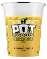 A yellow and white cup of Pot Noodle Original Curry flavor with a black bull logo and text stating it is unforgettable in 4 minutes and priced at £1.29. Description generated by AI