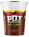 A brown and white cup of Pot Noodle with beef and tomato flavor featuring a cartoon chili pepper and text promoting quick preparation and a price of £1.29. Description generated by AI