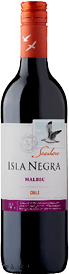 A bottle of Isla Negra Merlot red wine from Chile with a red cap featuring white bird illustrations and a label showing a flying bird and the word Selections. Description generated by AI