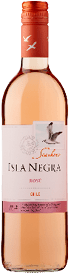 A bottle of Isla Negra Seashore Ros wine from Chile with a light pink label and an orange cap featuring two white birds.  Description generated by AI