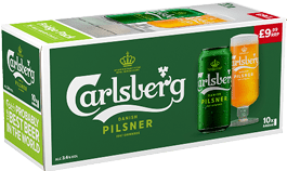 A green and white Carlsberg Danish Pilsner beer pack containing ten 440ml cans with a price tag displayed on the top right corner. Description generated by AI