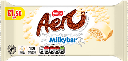 A white chocolate Aero Milkybar candy bar wrapper with a price tag and nutritional information. Description generated by AI