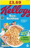 A colorful Kellogg's Rice Krispies cereal box features animated characters around a bowl of cereal with text highlighting no artificial colors or flavors and support for family health with iron and vitamin D. Description generated by AI