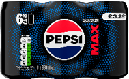 A six-pack of Pepsi Max cans with no sugar and a price label of £3.29. Description generated by AI