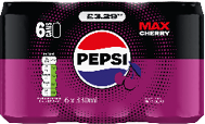 A six-pack of Pepsi Max Cherry cans with a black and purple design and a price label. Description generated by AI
