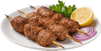 Three grilled meat skewers served on a white plate with a lemon half, red onion slices, and parsley garnish. Description generated by AI