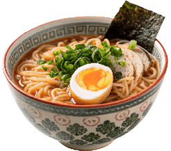 A bowl of ramen noodles topped with chopped green onions, a halved soft-boiled egg, slices of meat, and a sheet of seaweed. Description generated by AI