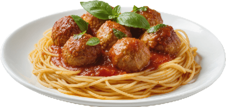 A plate of spaghetti topped with tomato sauce, six meatballs, and garnished with fresh basil leaves. Description generated by AI
