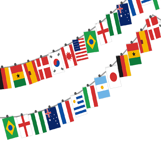 Two strings of small international flags are hanging diagonally against a white background. Description generated by AI