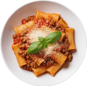Rigatoni pasta served with a tomato-based meat sauce, topped with grated cheese and fresh basil leaves in a white bowl. Description generated by AI